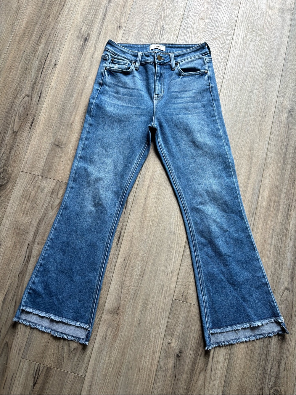 Just Black Medium Blue High-Rise Flared Jeans with Raw Hem